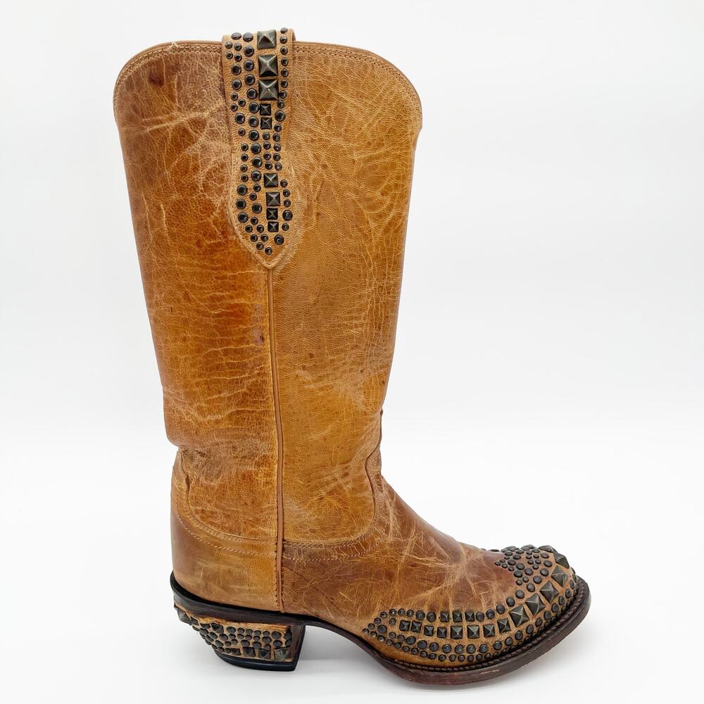 Lucchese Tan Studded Leather Heeled Cowboy Boots - Picture 2 of 11